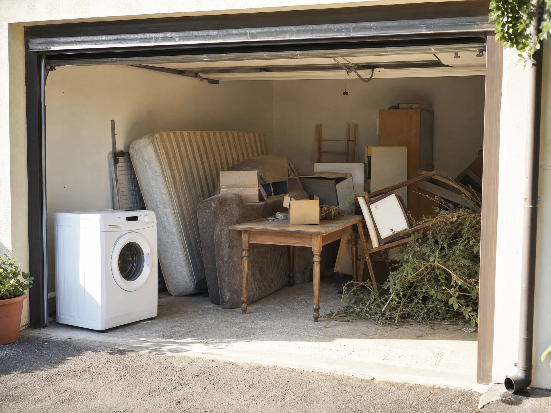 Residential garage before rubbish removal, filled with household furniture, boxes and appliances