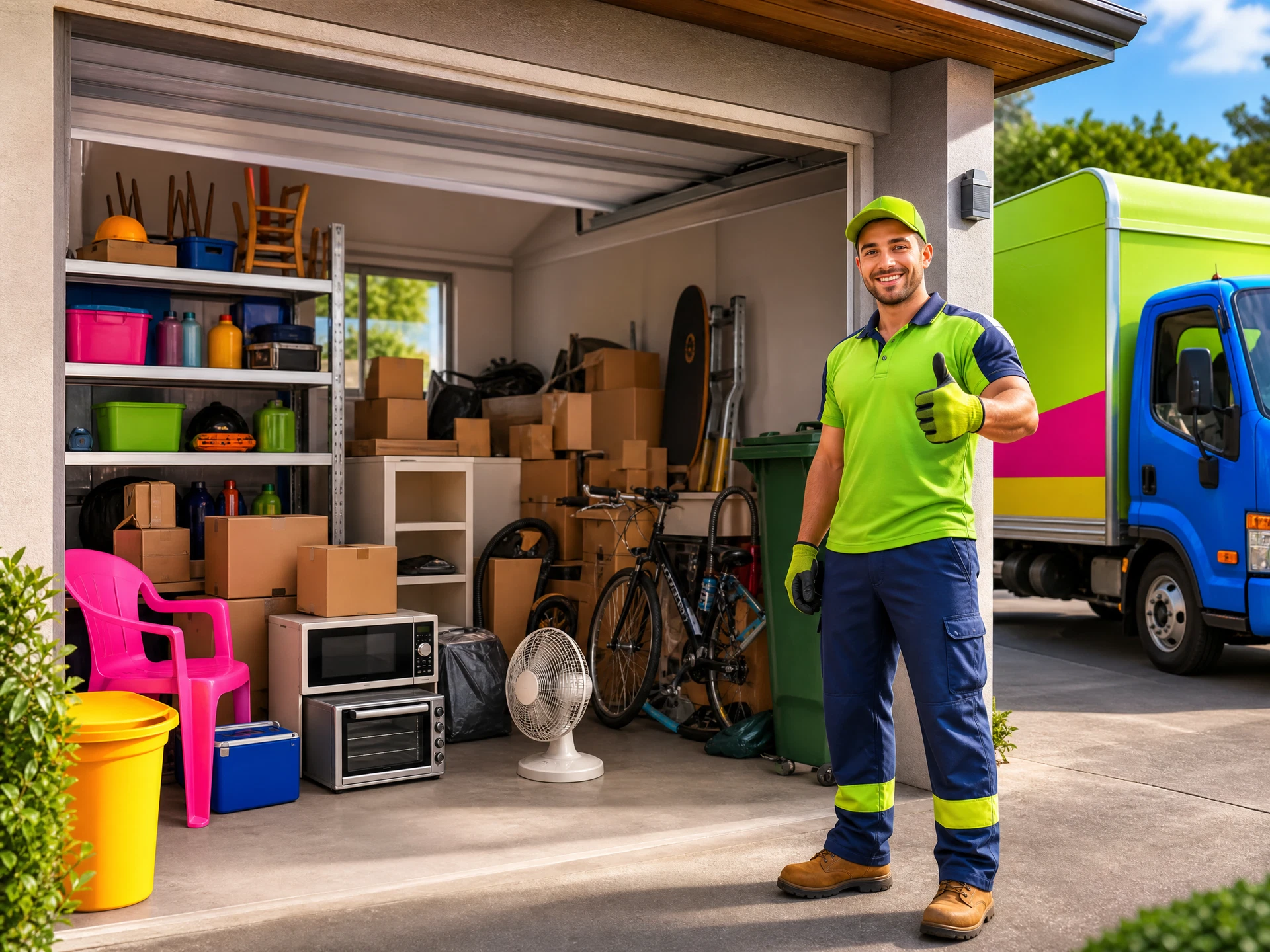Garage cleanout scene with stored boxes, shelving, tools, bicycle and household clutter
