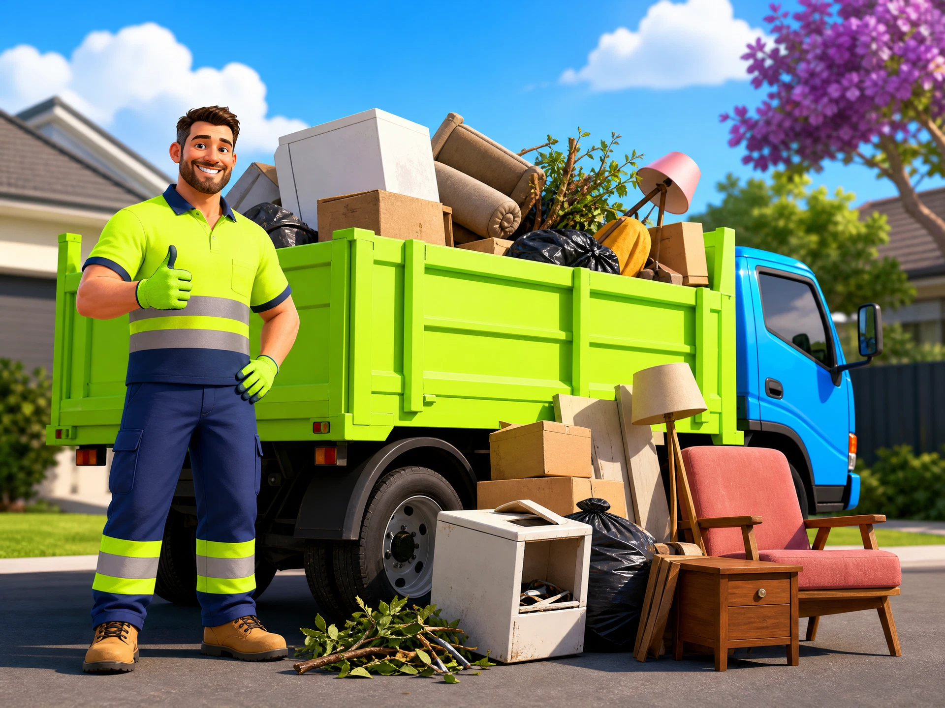Professional junk removal worker beside a truck and a clear pile of household clutter