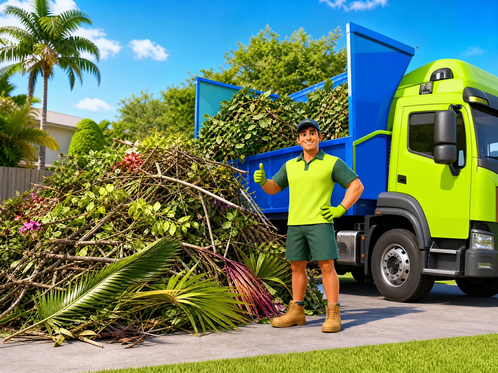 Green waste removal scene with branches, leaves and garden cuttings beside a removal truck