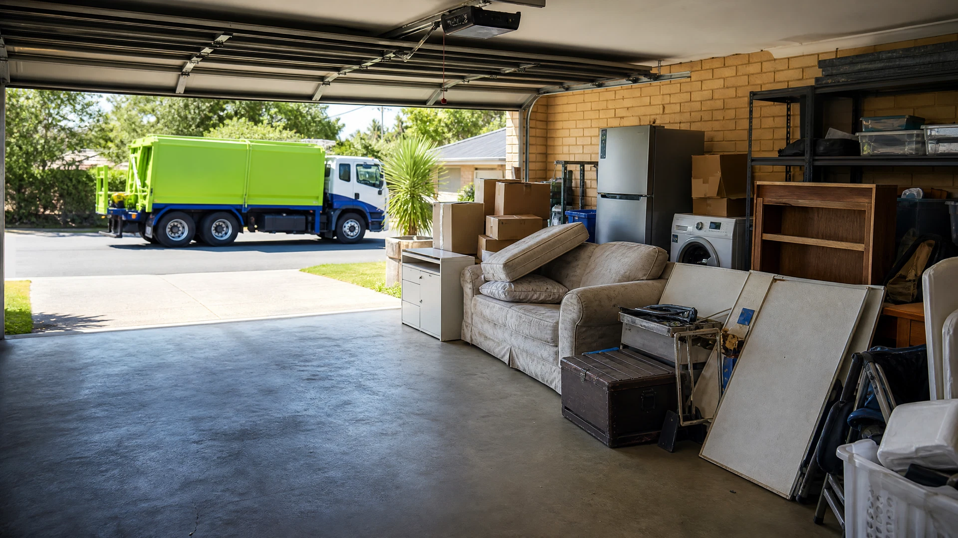 Cluttered garage prepared for a rubbish cleanout