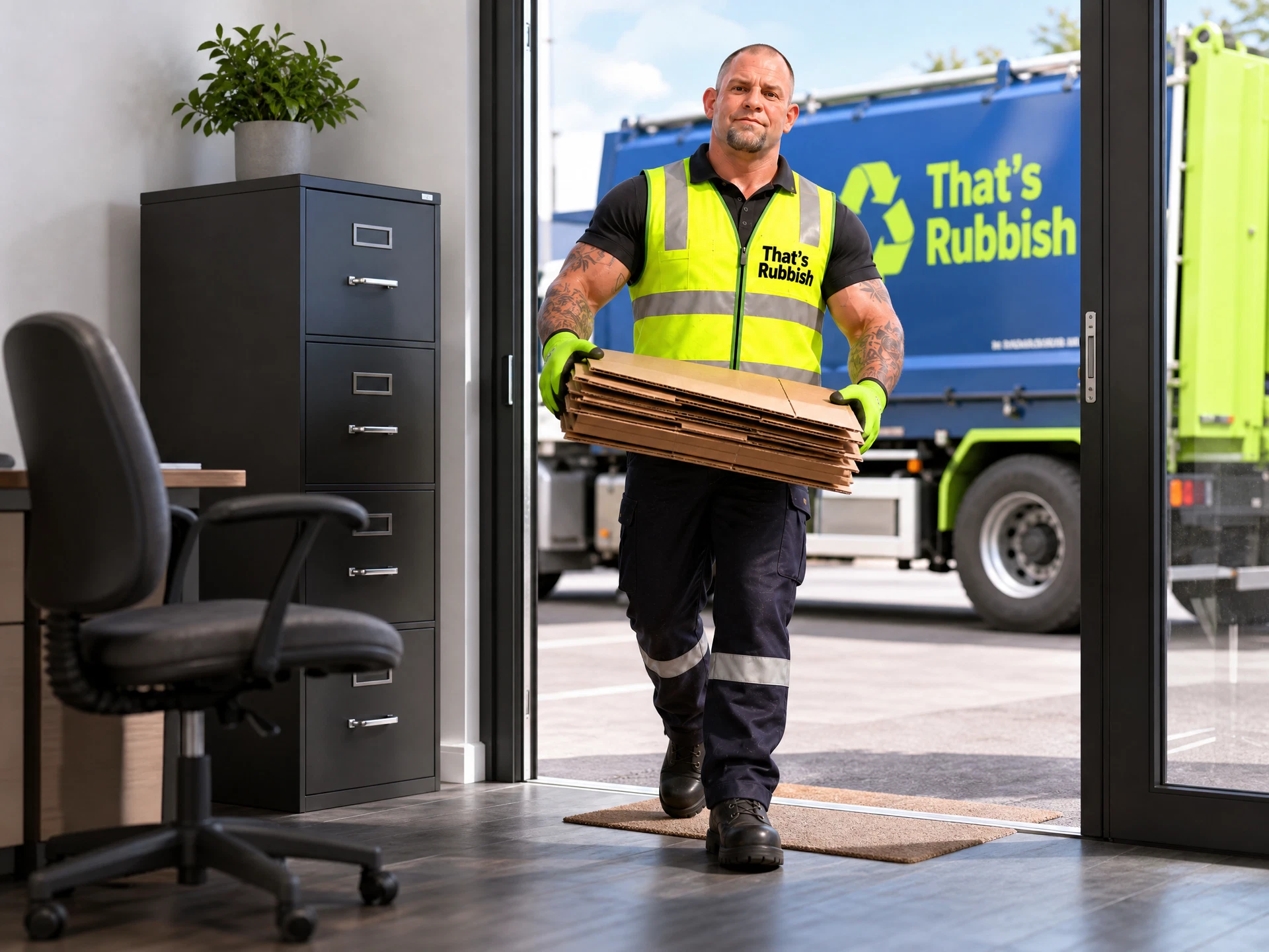 Real Jake in a That’s Rubbish commercial rubbish scene with office furniture and cardboard waste