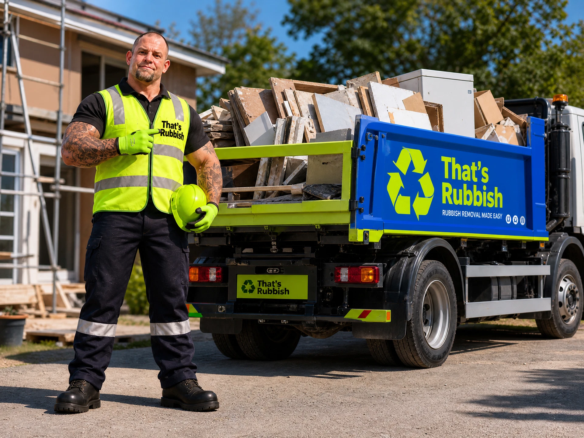 Real Jake beside a bright That’s Rubbish dump truck overflowing with construction and renovation rubbish
