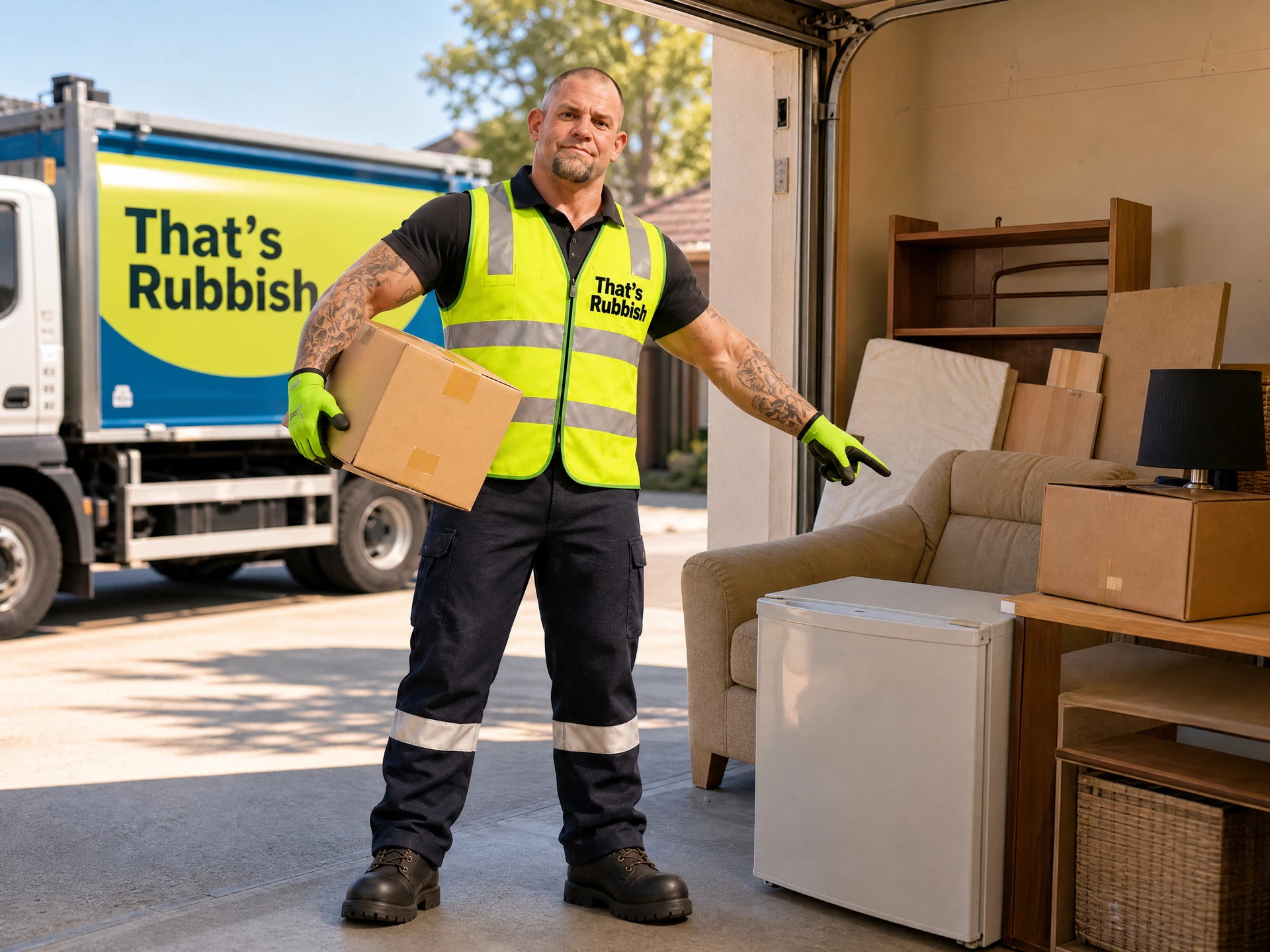 Real Jake beside a garage cleanout and That’s Rubbish removal truck