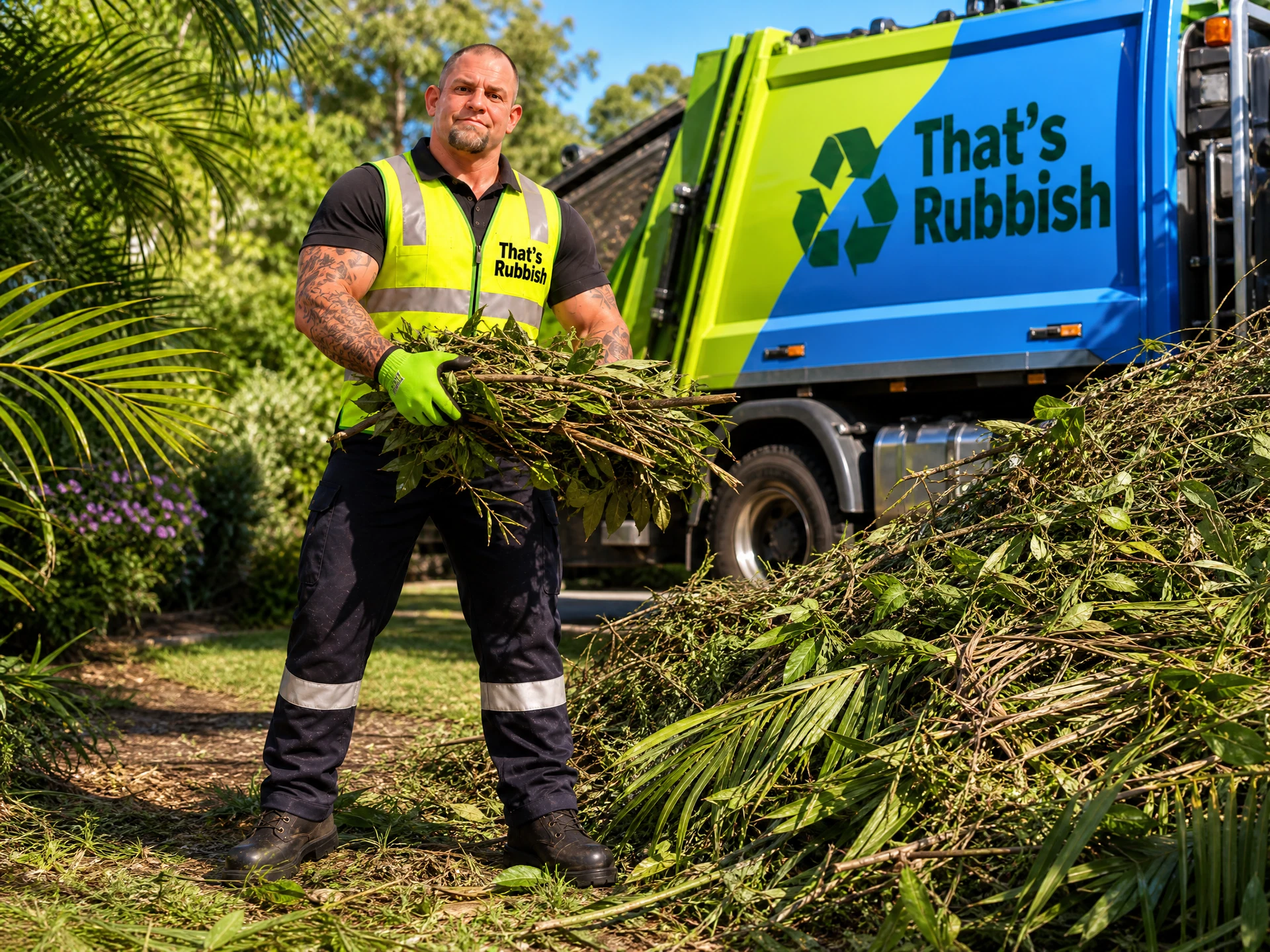 Real Jake beside garden waste and a That’s Rubbish removal truck