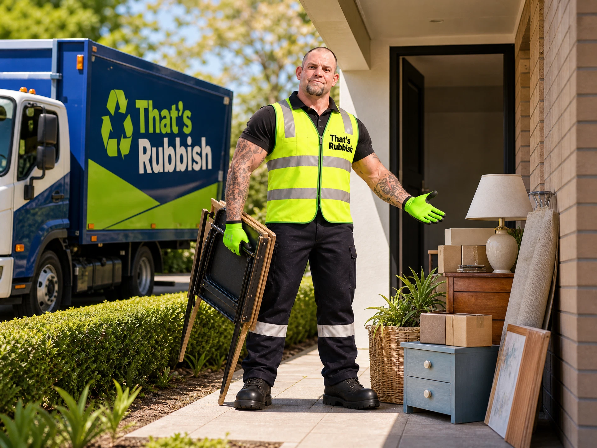 Real Jake beside a house cleanout and That’s Rubbish removal truck