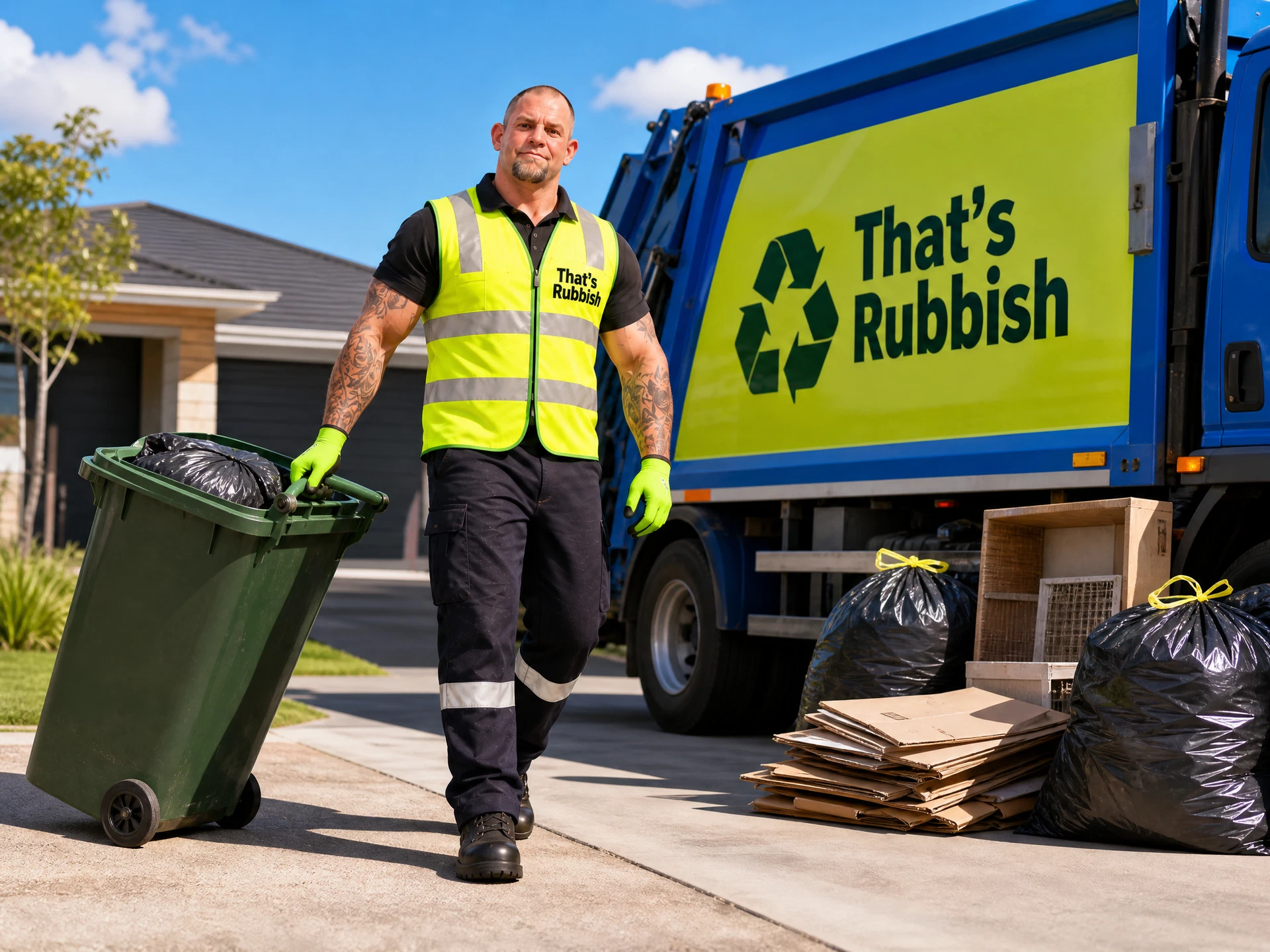 Real Jake beside household rubbish and a That’s Rubbish removal truck