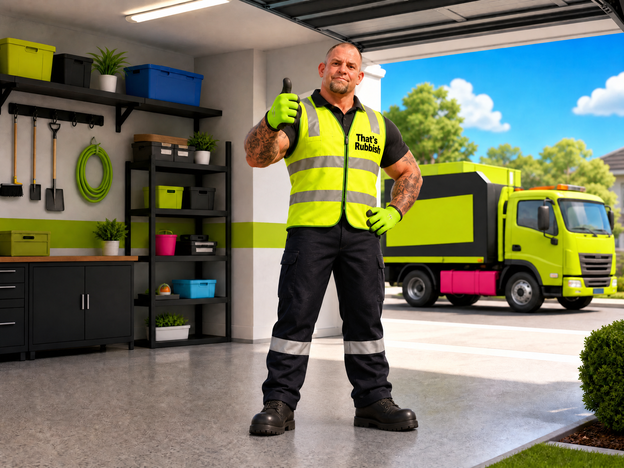 Real Jake giving a thumbs-up beside a cleared residential garage after rubbish removal