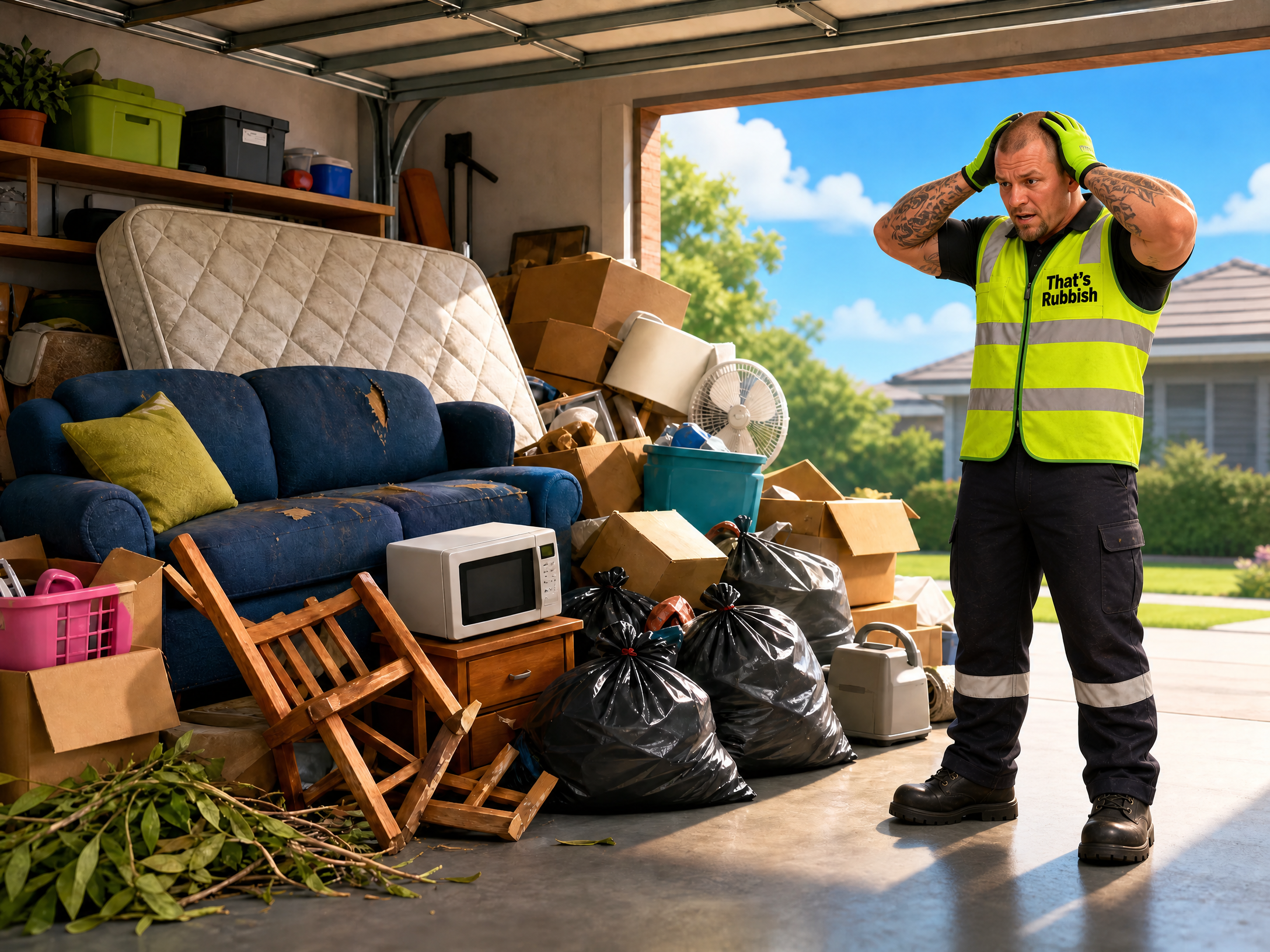 Real Jake holding his head with an overwhelmed expression beside a cluttered residential garage before rubbish removal